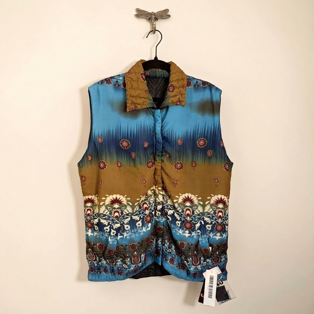 UBU Reversible Puffer Vest Womens Blue Gold Paisley NWT‎ Size S